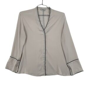 MM.LaFleur Barton Shirt Women Large Ivory Black Piping V-Neck Blouse